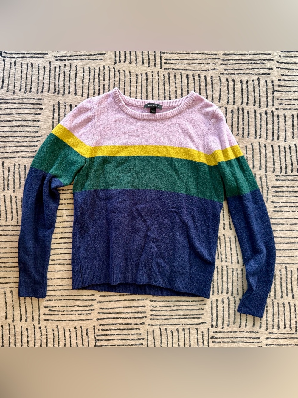 Ann Taylor Striped Colorblock Crewneck Sweater in Lavender, Yellow, Green, Navy